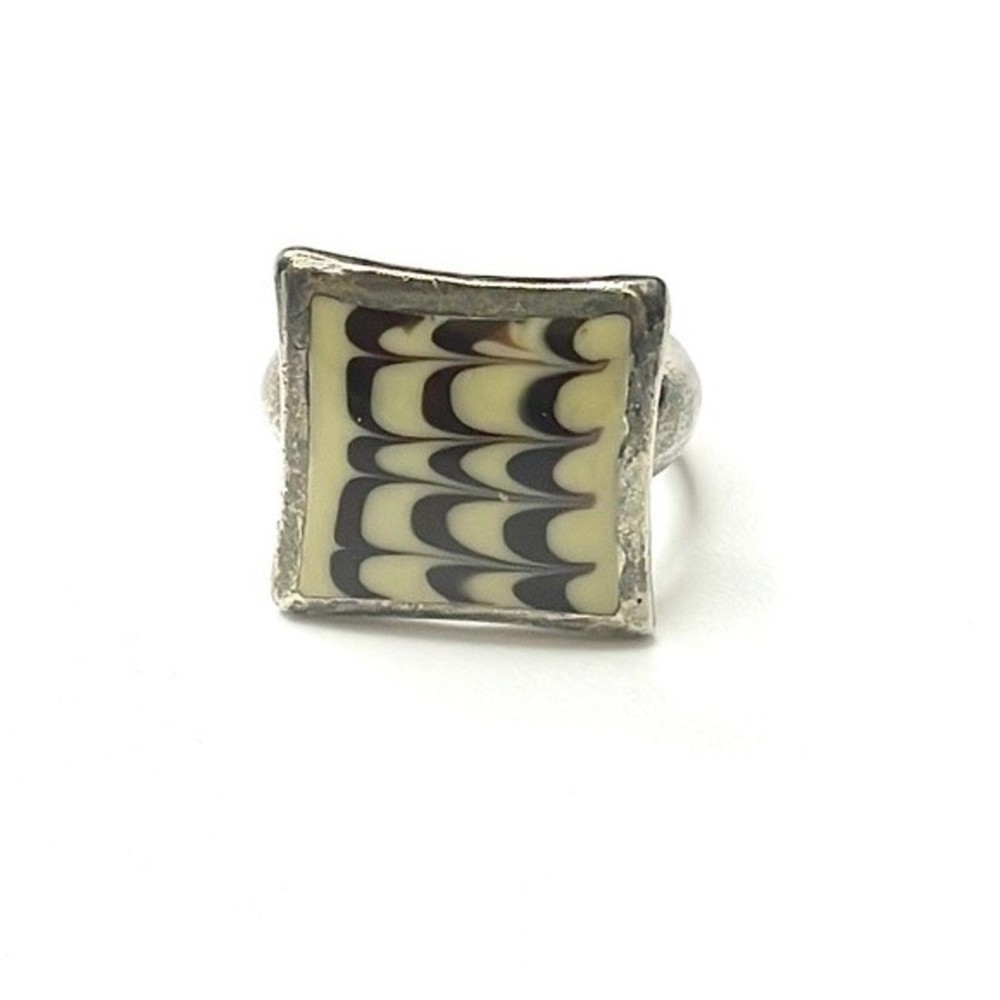 Brown and Yellow Agate Silver Square Cocktail Ring